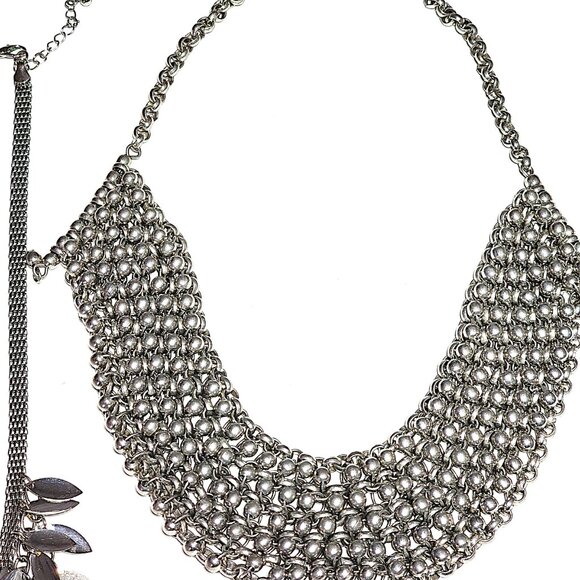 Silver-tone scale mail chain mail feather bib necklace bundle - Picture 3 of 12
